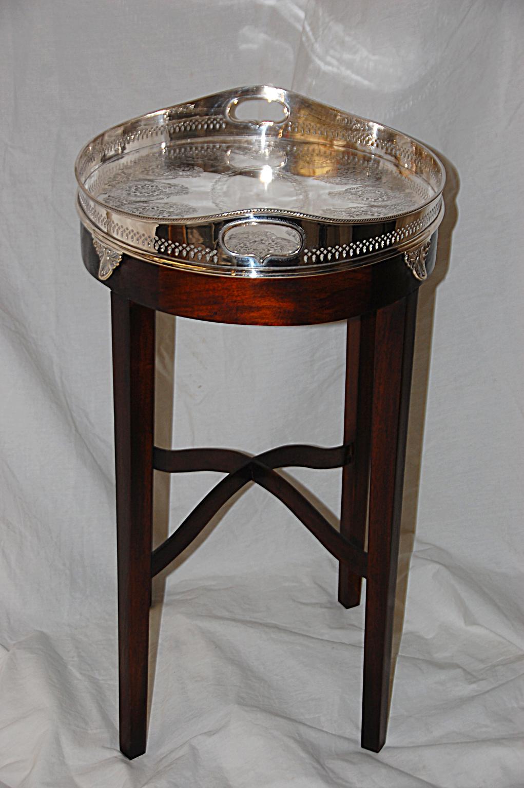 English 19th Century Oval Silver Plate Galleried Tray on Bespoke Mahogany Stand 2