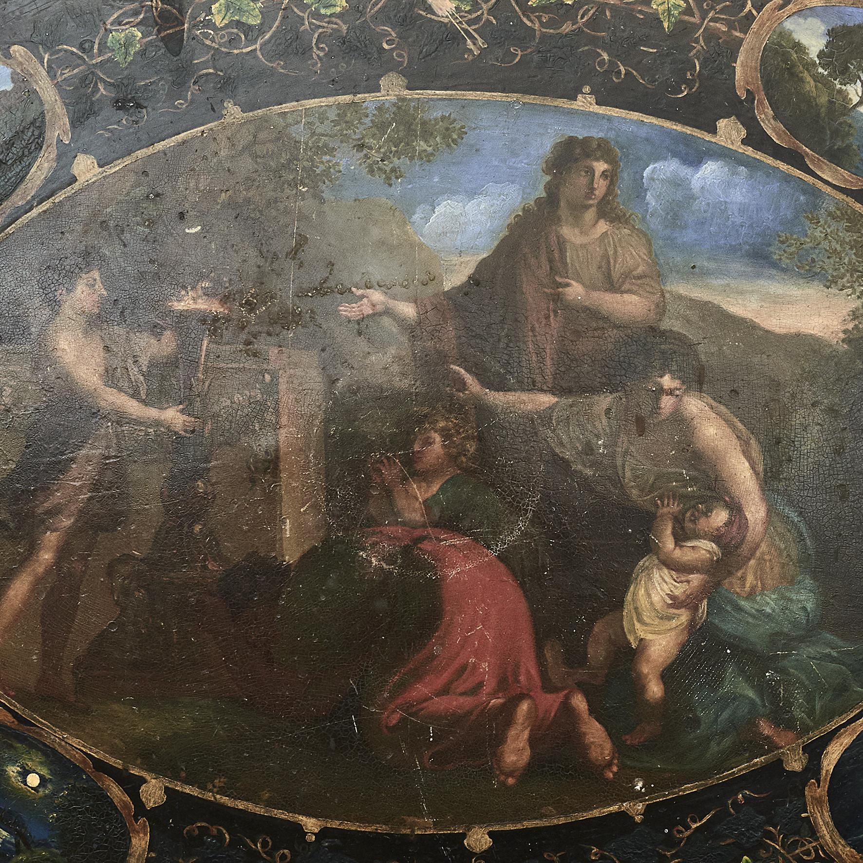 English 19th century oval tole tray painted with allegorical scene in polychrome colors. Surrounding the central image is a border is a black surface painted with a band of leaves, birds and four smaller oval paintings depicting daytime and