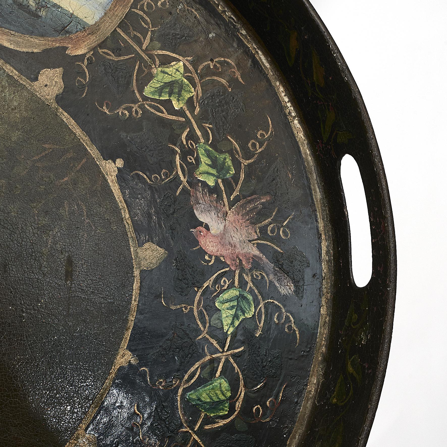 Hand-Painted English 19th Century Painted Oval Tole Tray For Sale