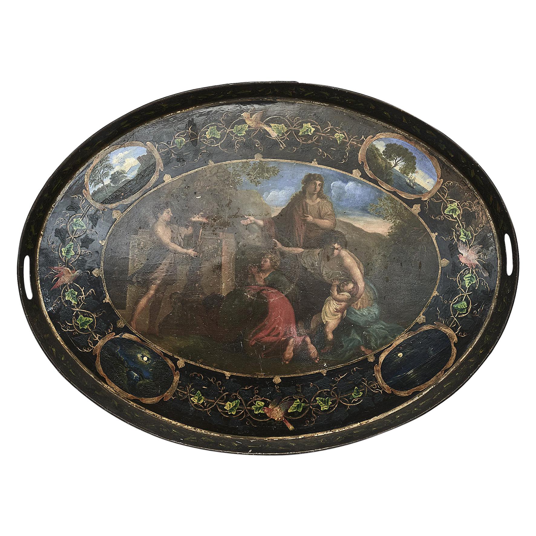 Englisches bemaltes ovales Tablett aus dem 19. Jahrhundert