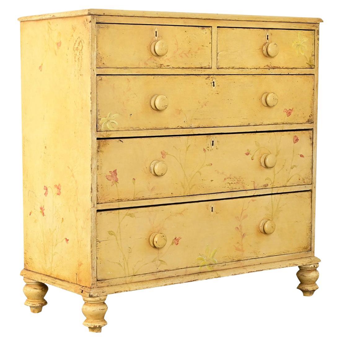 English 19th Century Painted Pine Chest with Flowers
