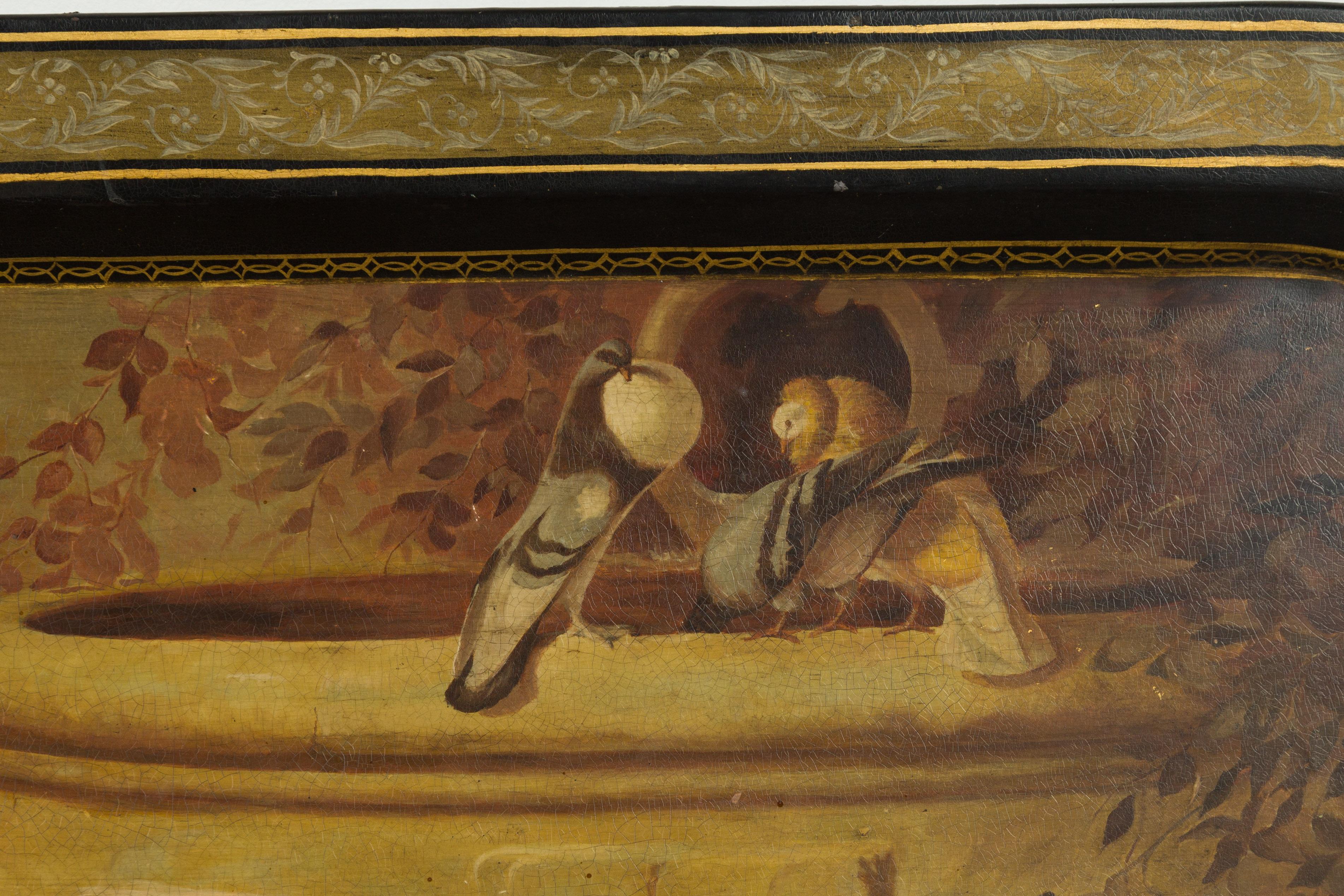 English 19th Century Painted Tôle Tray Depicting Playful Dogs and Turtle Doves For Sale 7