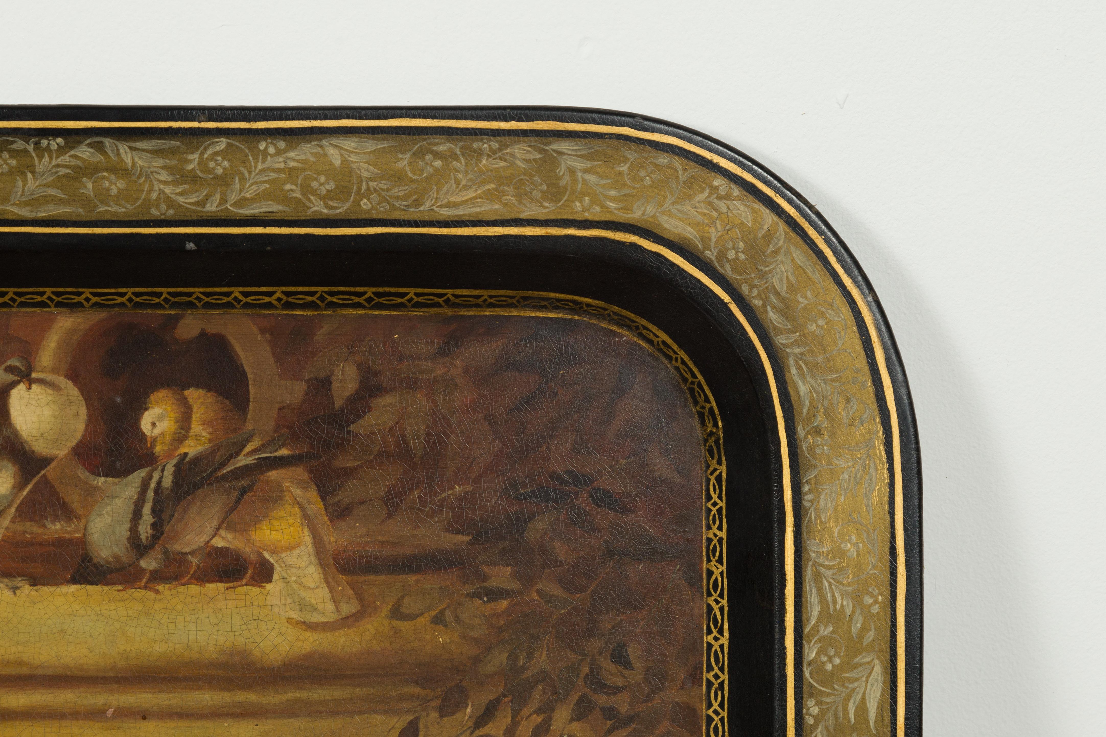 English 19th Century Painted Tôle Tray Depicting Playful Dogs and Turtle Doves For Sale 2