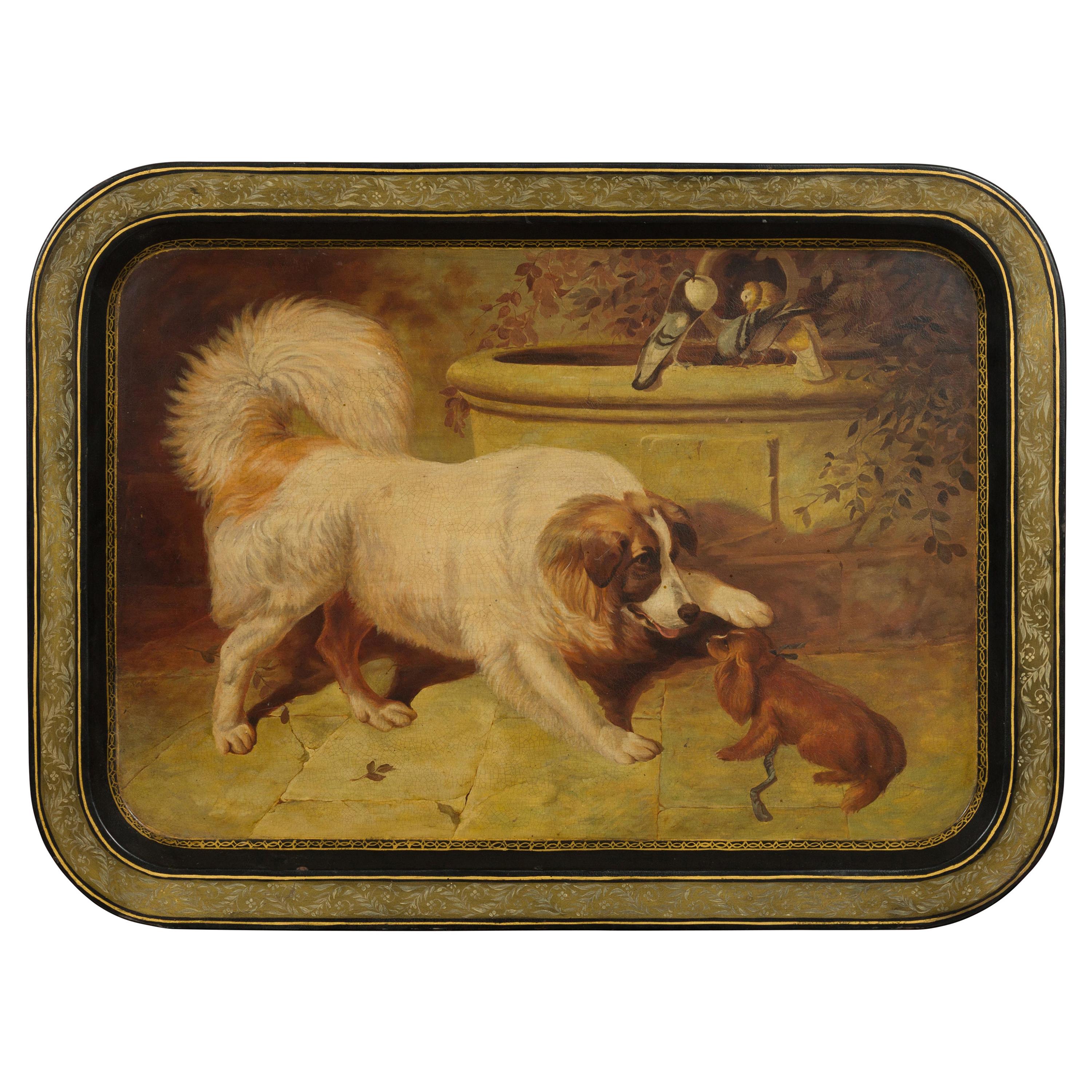 English 19th Century Painted Tôle Tray Depicting Playful Dogs and Turtle Doves