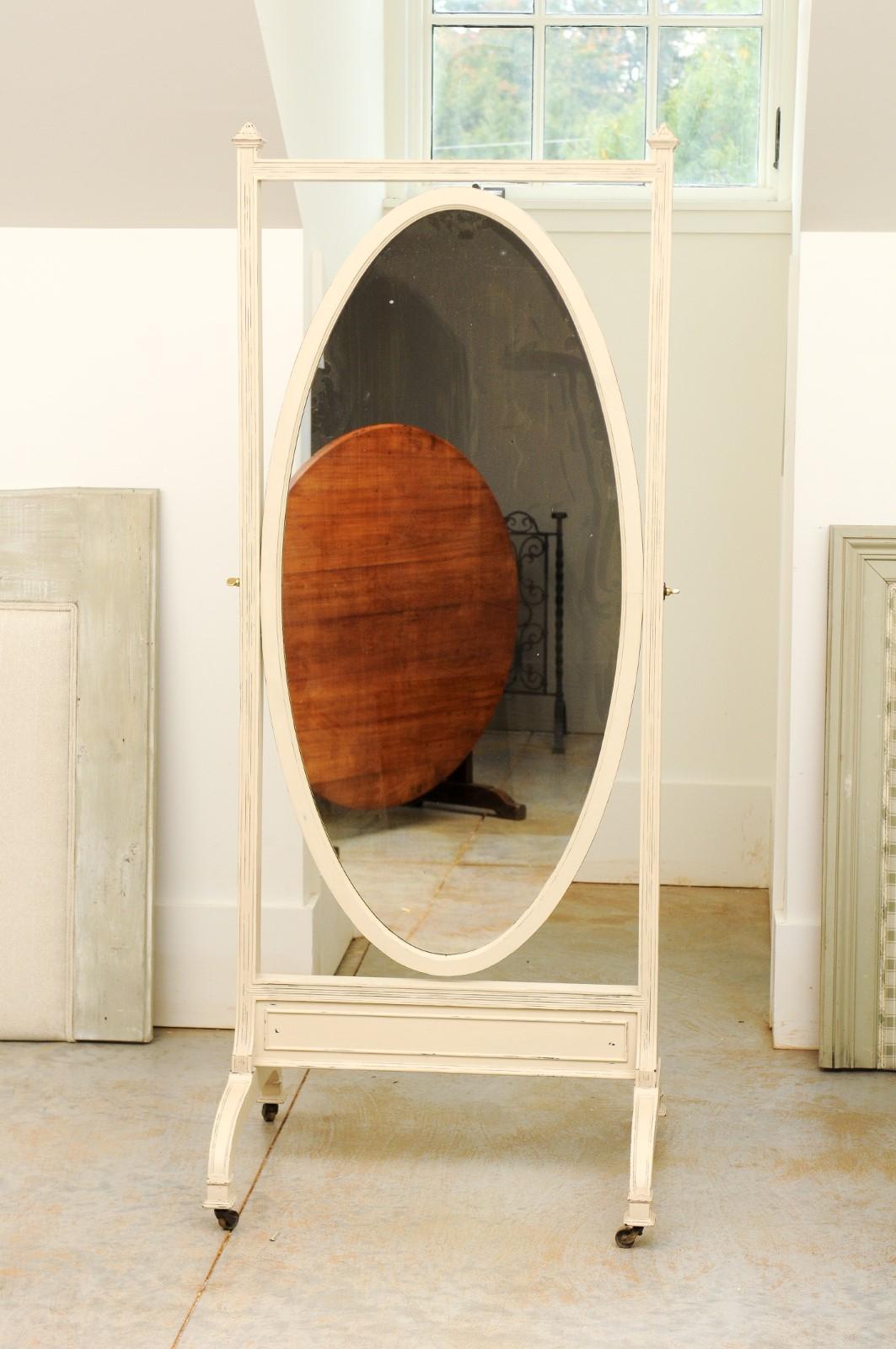 English 19th Century Painted Wood Cheval Mirror with Oval Plate and Casters For Sale 2