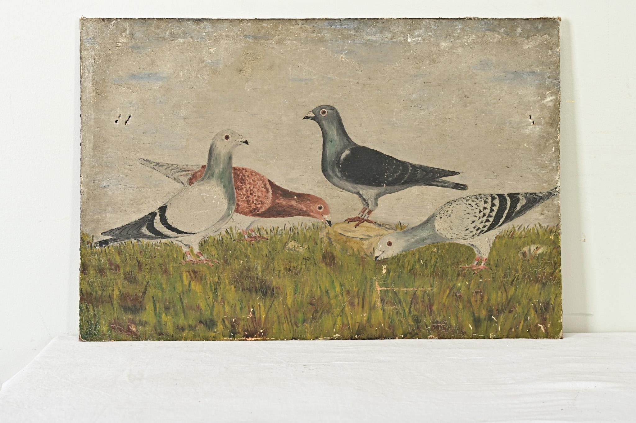 Fabulous 19th century oil painting on canvas of a group of four racing pigeons pecking in the grass. The work is unsigned but recalls the influence of artist Edward Henry Windred, famous for his romanticized portraits of these remarkable birds