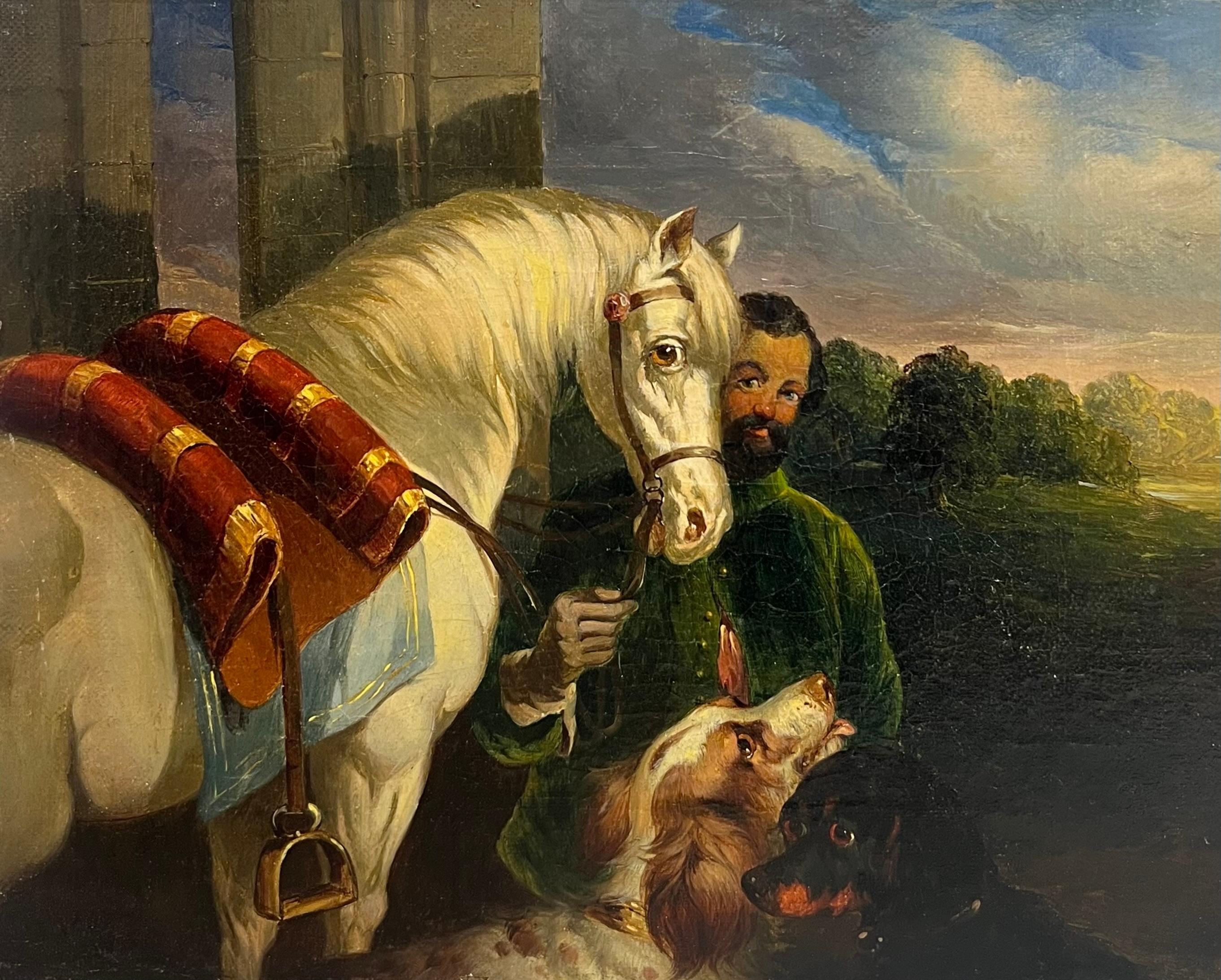Feine Qualität 19. Jahrhundert Ölgemälde Bräutigam mit Pferd und Hund