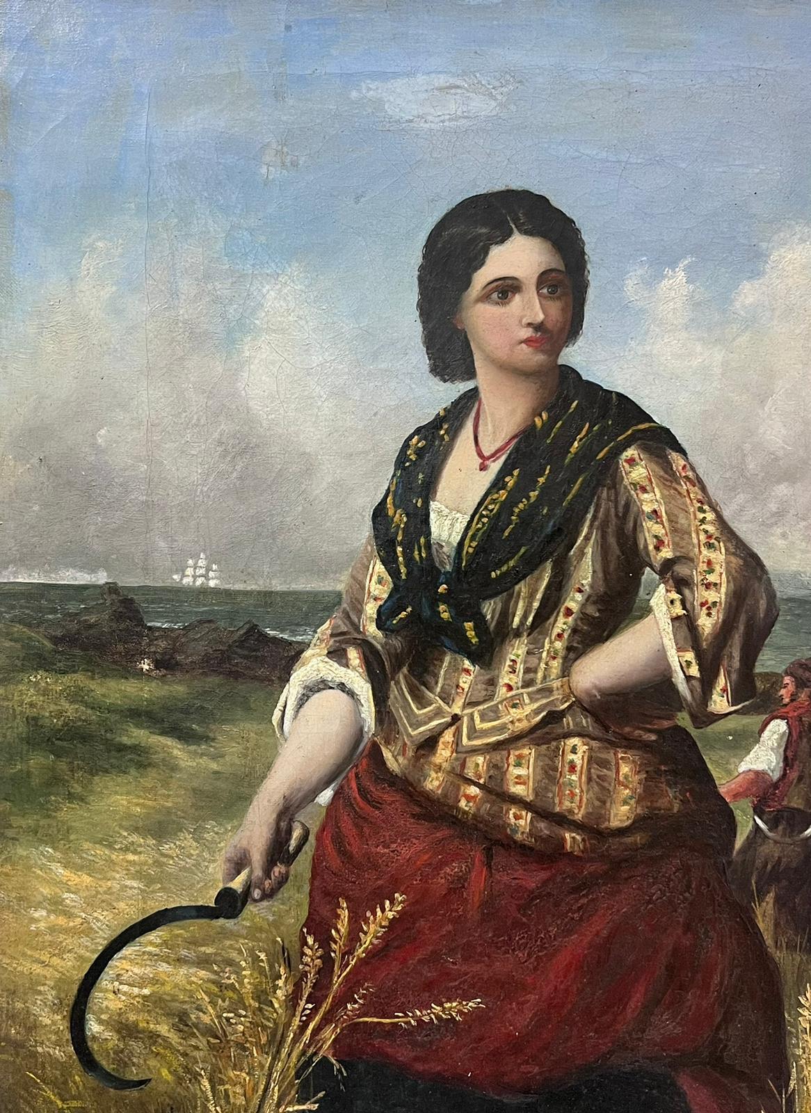 Woman in Harvest Fields Next to Coastal Seascape, peinture à l'huile victorienne sur toile - Painting de English 19th Century