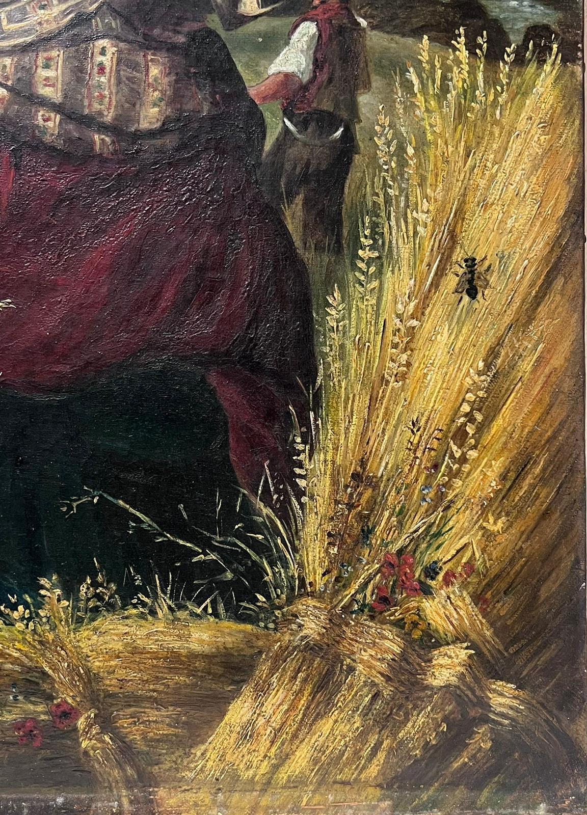 Woman in Harvest Fields Next to Coastal Seascape, peinture à l'huile victorienne sur toile - Victorien Painting par English 19th Century