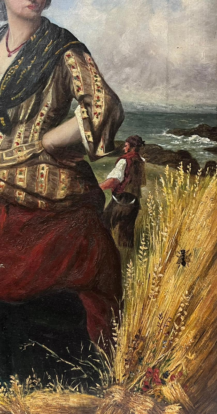 Donna nei campi coltivati accanto a un paesaggio marino vittoriano Tela dipinta a olio - Portrait Painting Grigio di English 19th Century