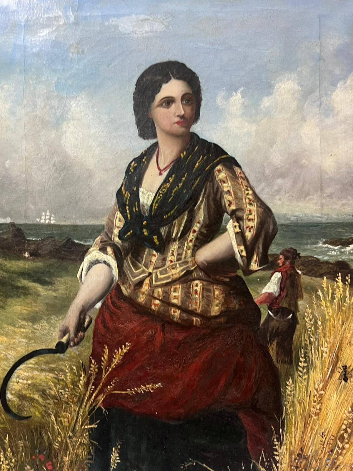 Woman in Harvest Fields Next to Coastal Seascape Victorian Oil Painting canvas For Sale 3