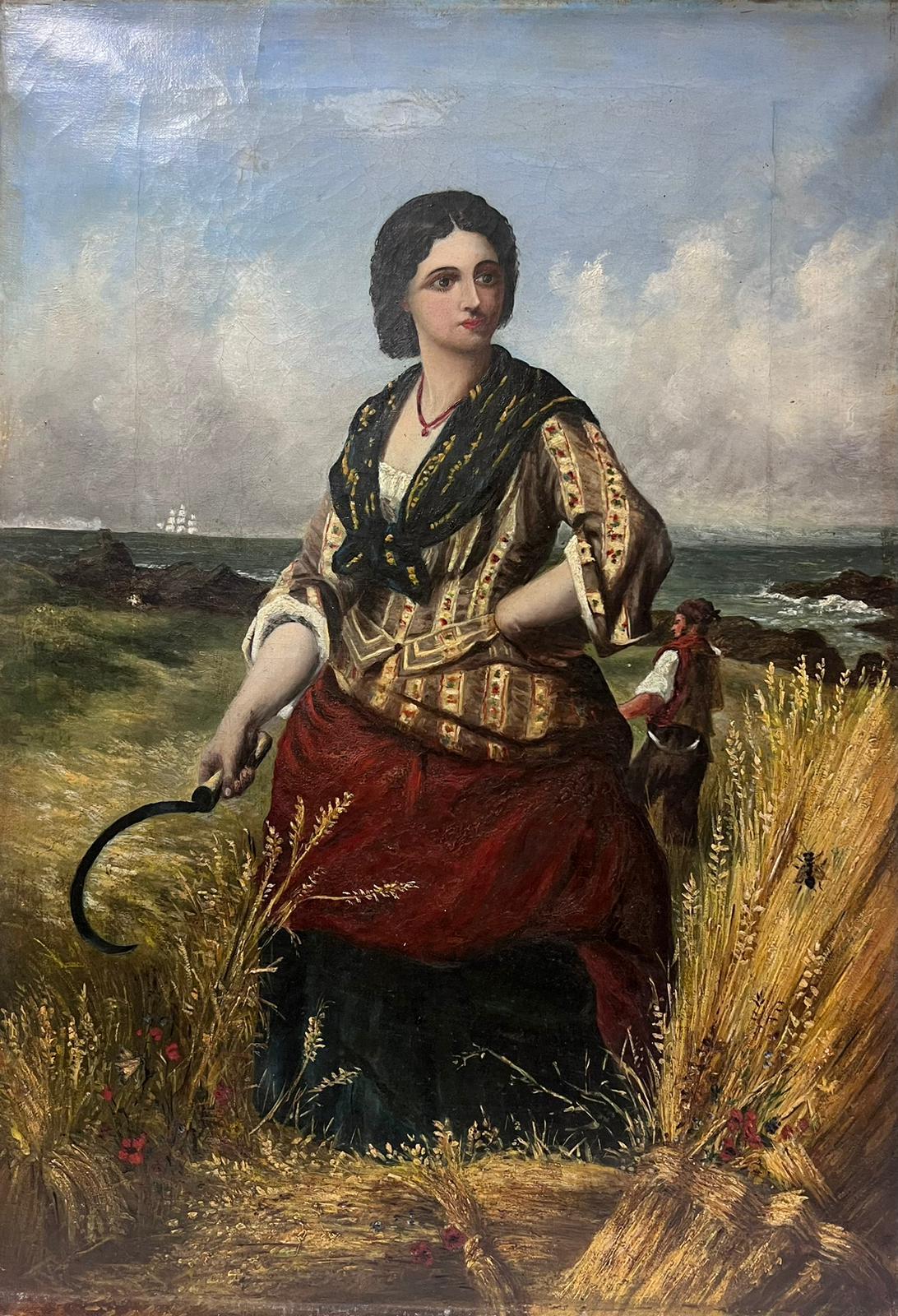 Woman in Harvest Fields Next to Coastal Seascape Victorian Oil Painting canvas For Sale 3