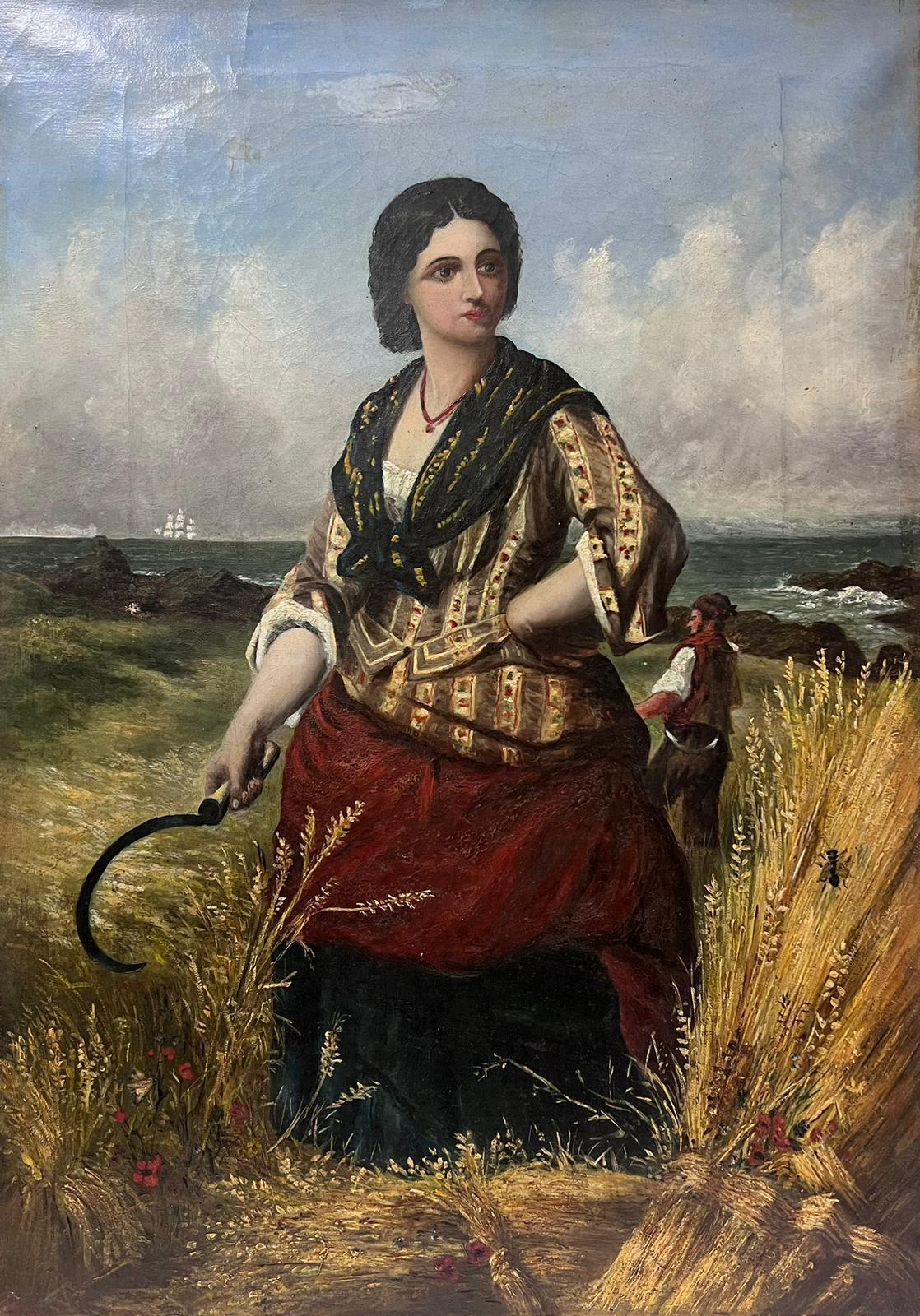 English 19th Century Portrait Painting – Viktorianische Frau auf Erntefeldern neben Küstenlandschaft, Ölgemälde, Leinwand