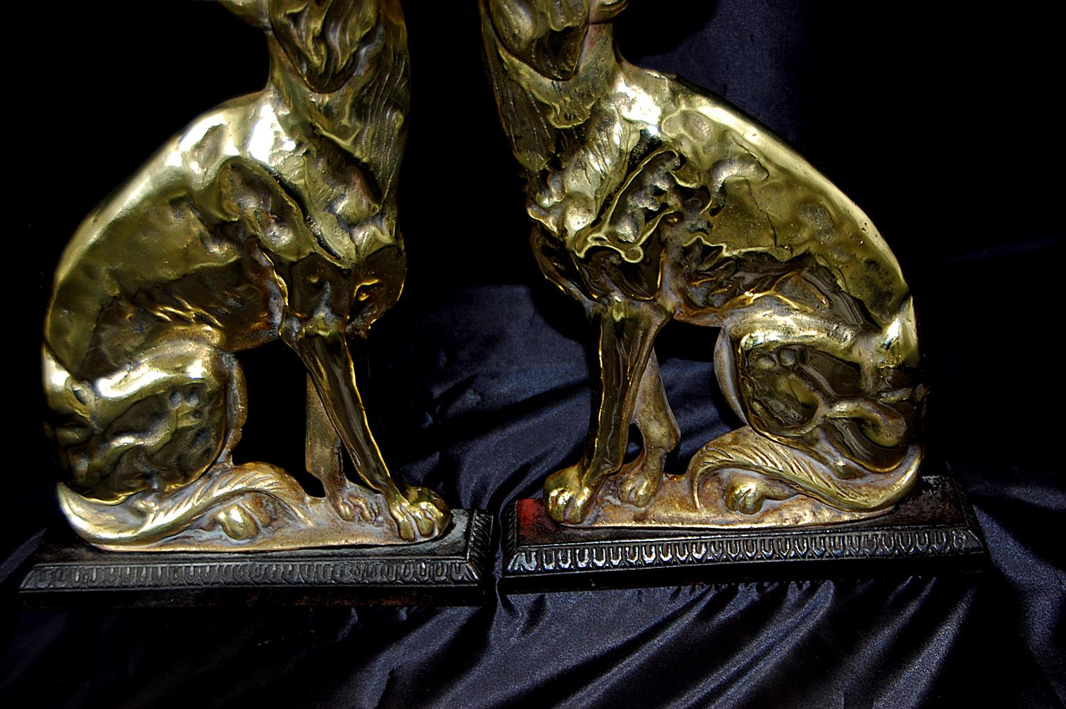 English 19th century facing pair of cast brass dog doorstops on rectangular cast iron plinths. This 
 cast brass pair of dog doorstops have been well polished throughout their lifetime. Their significant weight can easily keep a door in place, or
