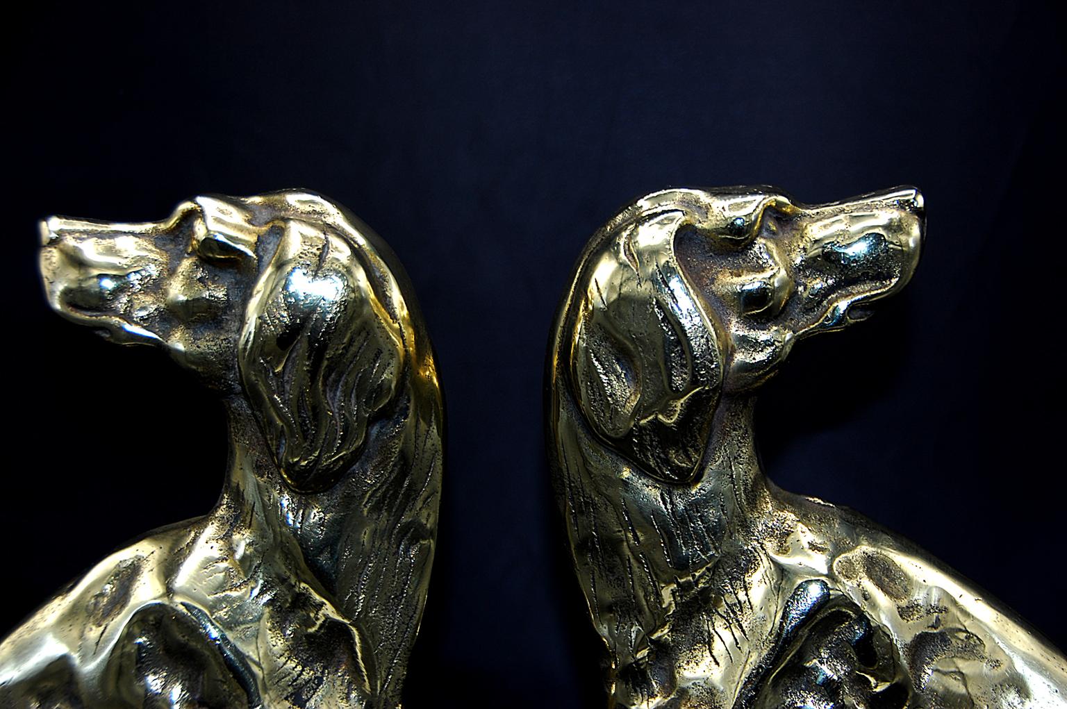 Victorian English 19th Century Pair of Cast Brass Dog Doorstops with Iron Plinth