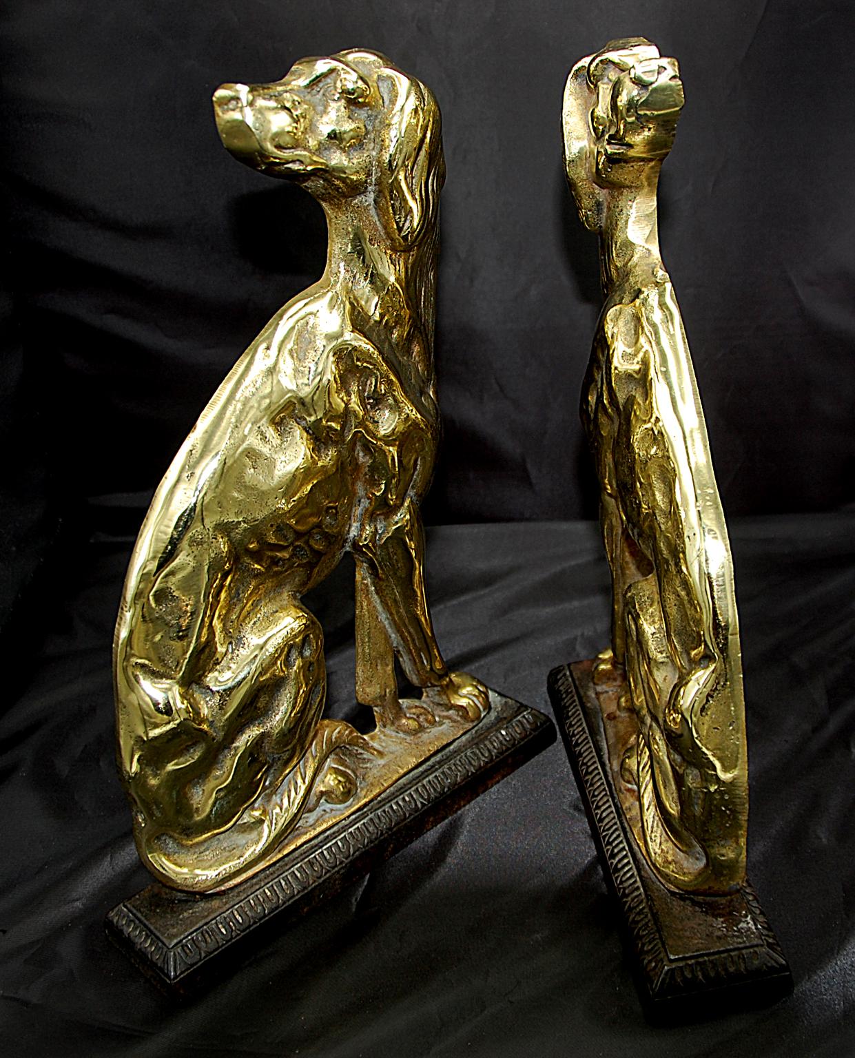 English 19th Century Pair of Cast Brass Dog Doorstops with Iron Plinth 1