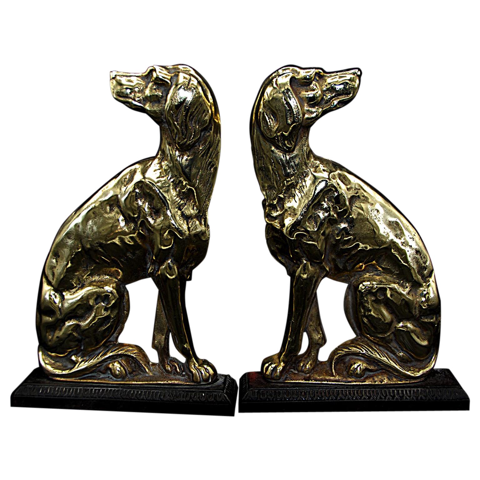 English 19th Century Pair of Cast Brass Dog Doorstops with Iron Plinth
