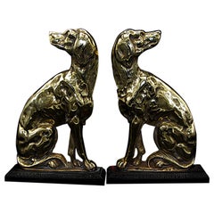 Antique English 19th Century Pair of Cast Brass Dog Doorstops with Iron Plinth