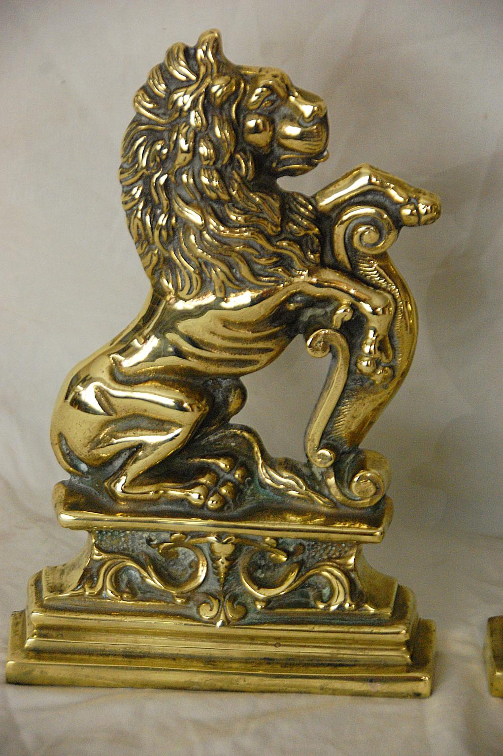 Victorian English 19th Century Pair of Cast Brass Rampant Lion Doorstops