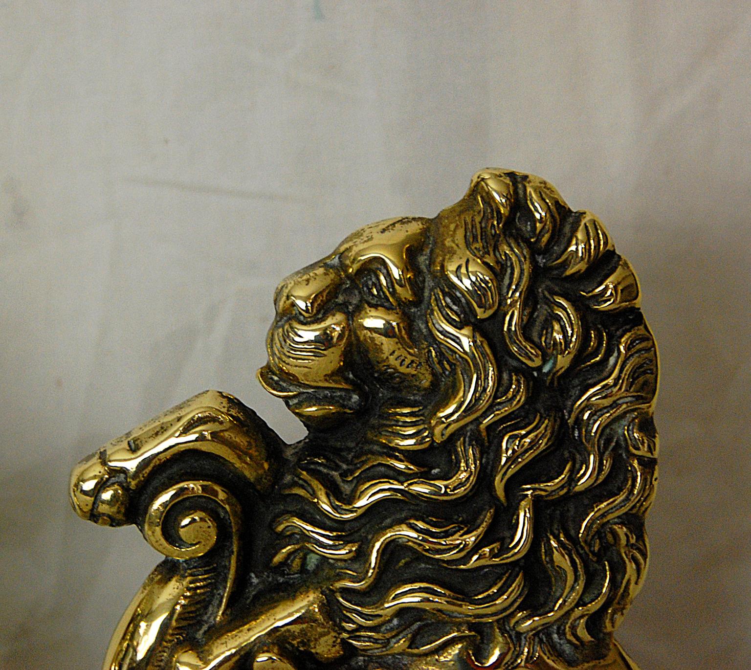 English 19th Century Pair of Cast Brass Rampant Lion Doorstops In Good Condition In Wells, ME