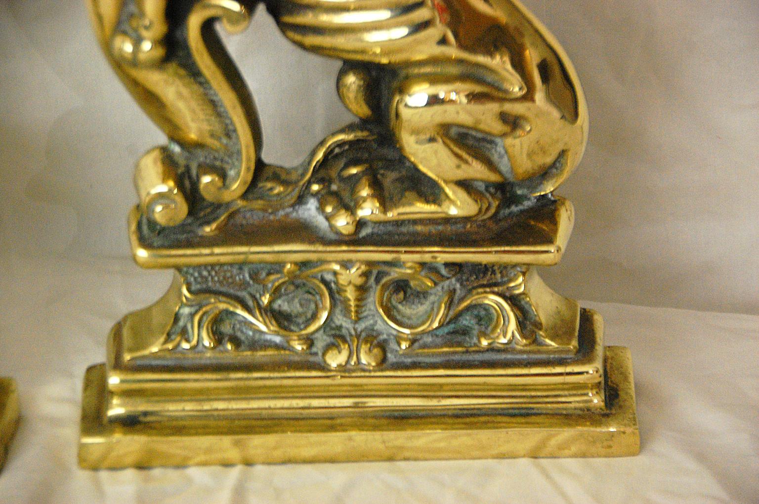 English 19th Century Pair of Cast Brass Rampant Lion Doorstops 1