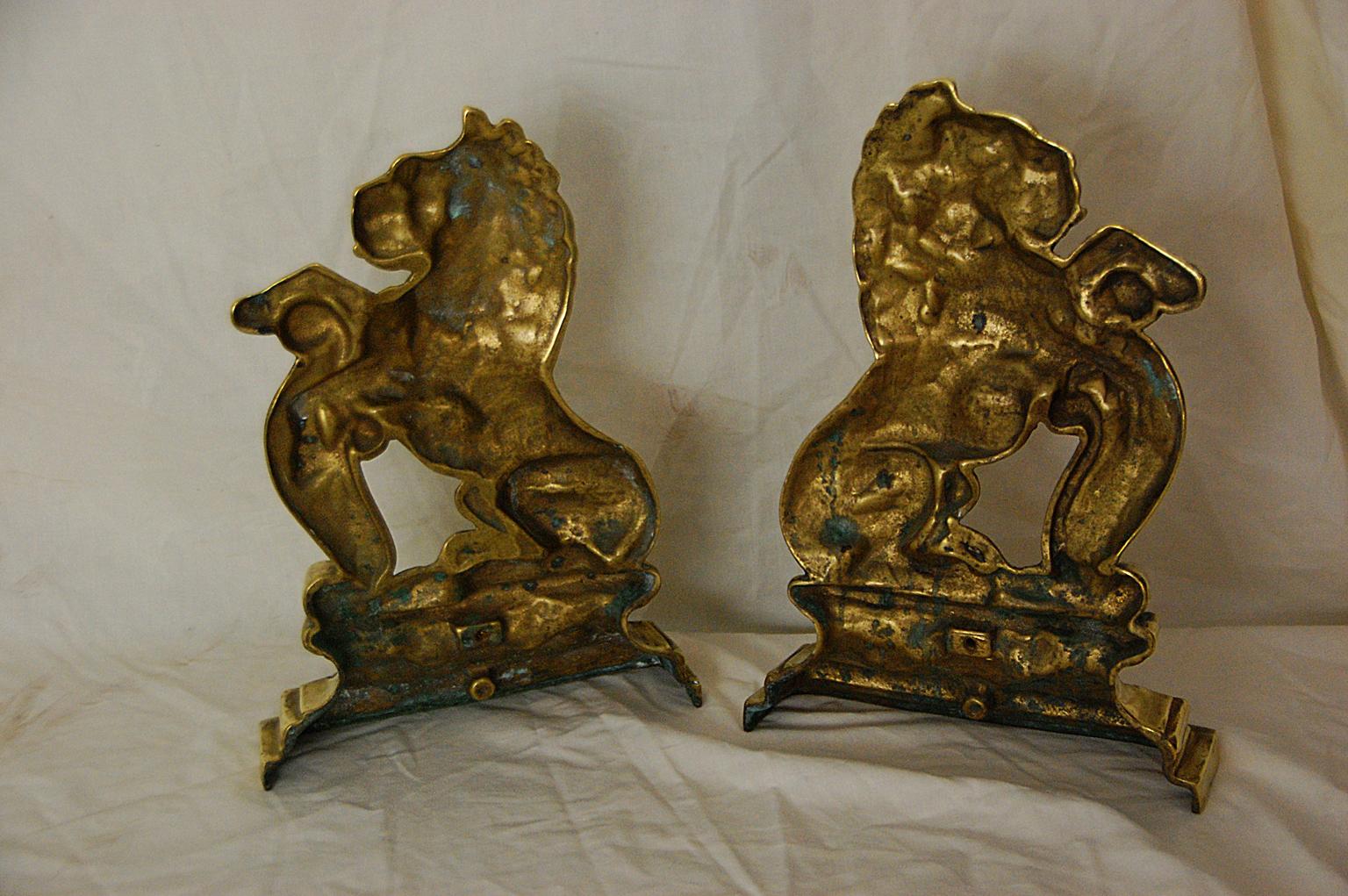 English 19th Century Pair of Cast Brass Rampant Lion Doorstops 2