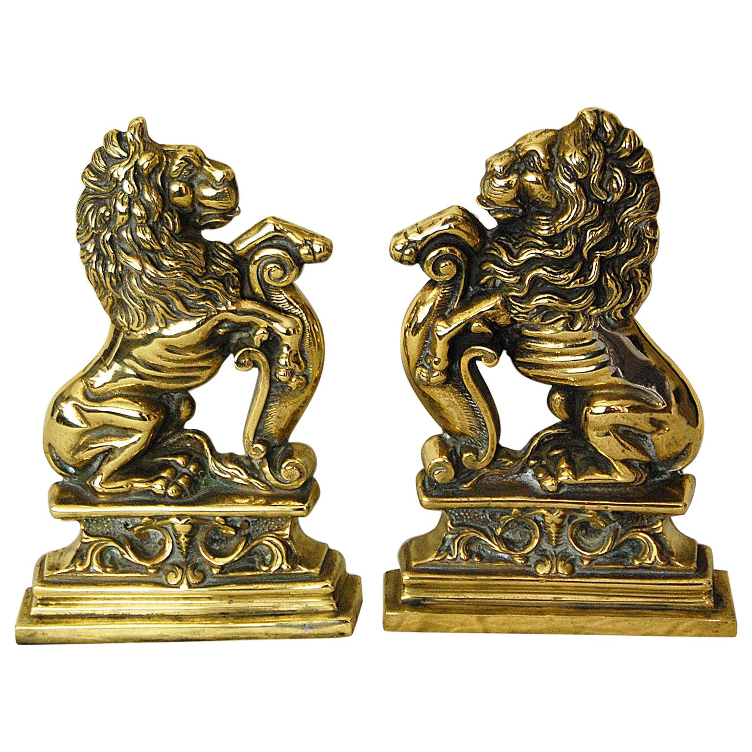 English 19th Century Pair of Cast Brass Rampant Lion Doorstops