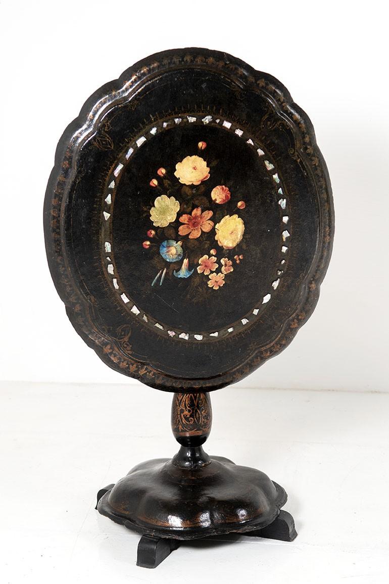 British English 19th Century Papier Mache Floral Painted Tilt Top Side Table For Sale