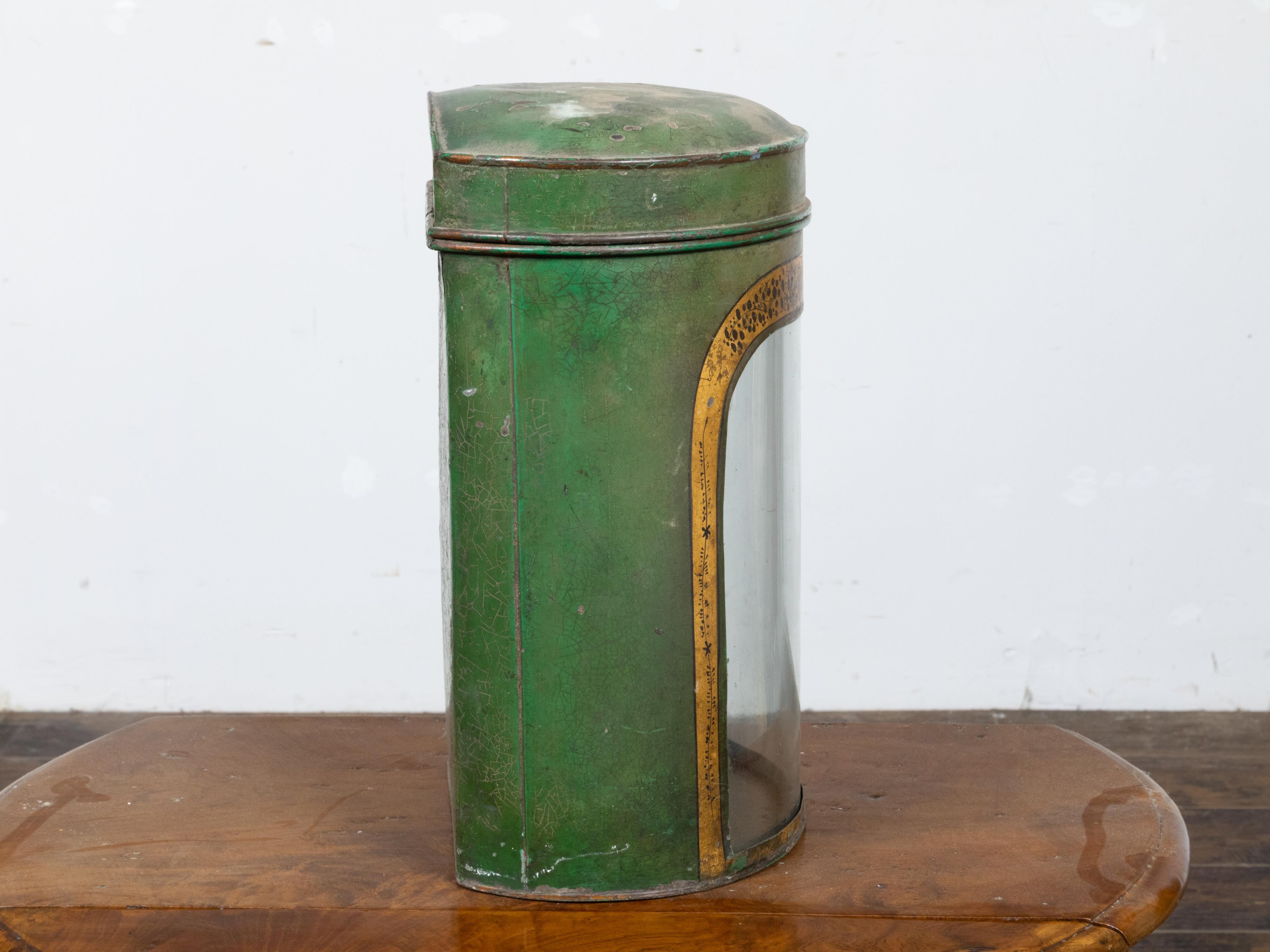 English 19th Century Parnall & Sons Green Painted Tea Box with Glass Front For Sale 2