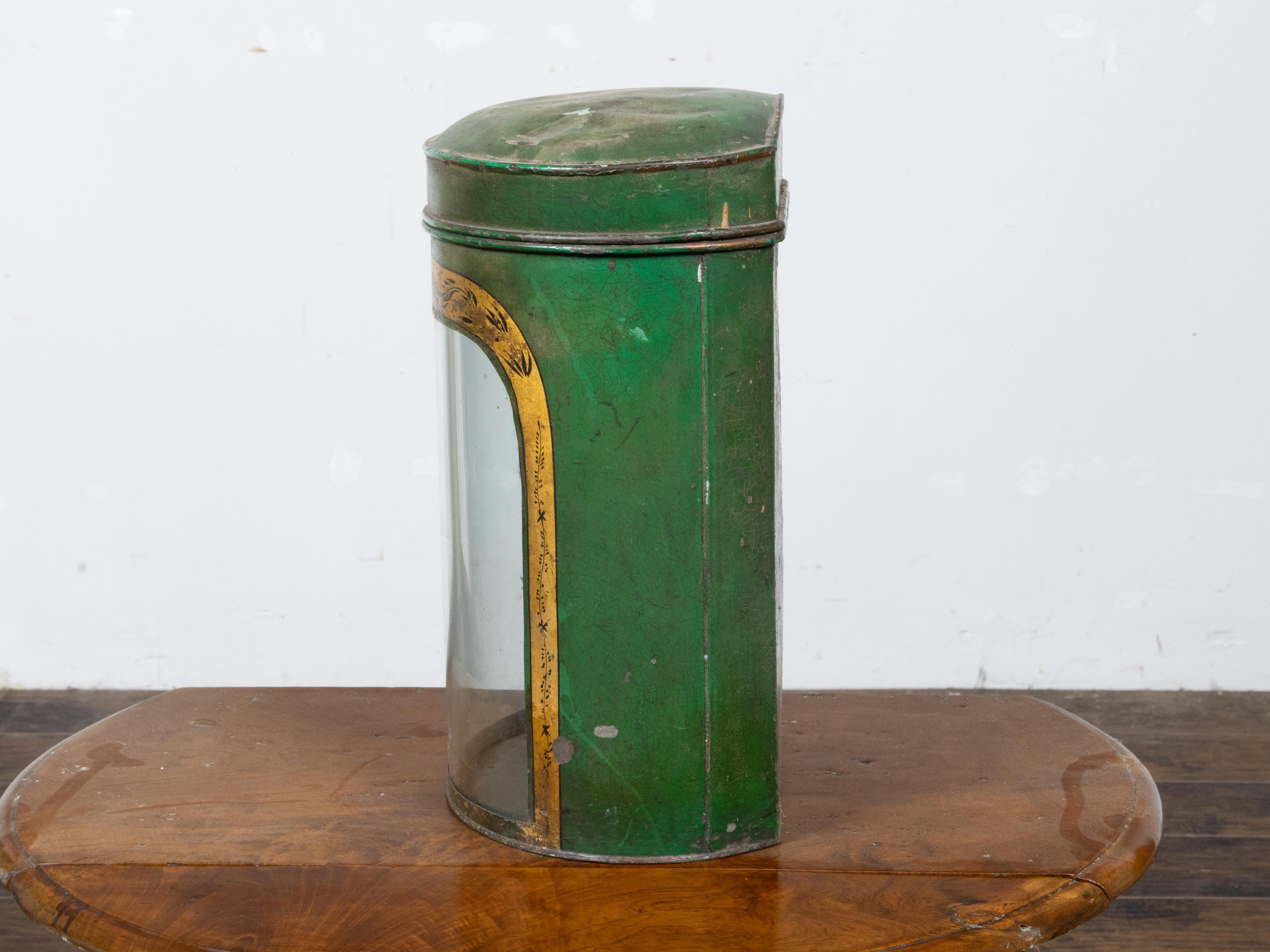English 19th Century Parnall & Sons Green Painted Tea Box with Glass Front For Sale 4