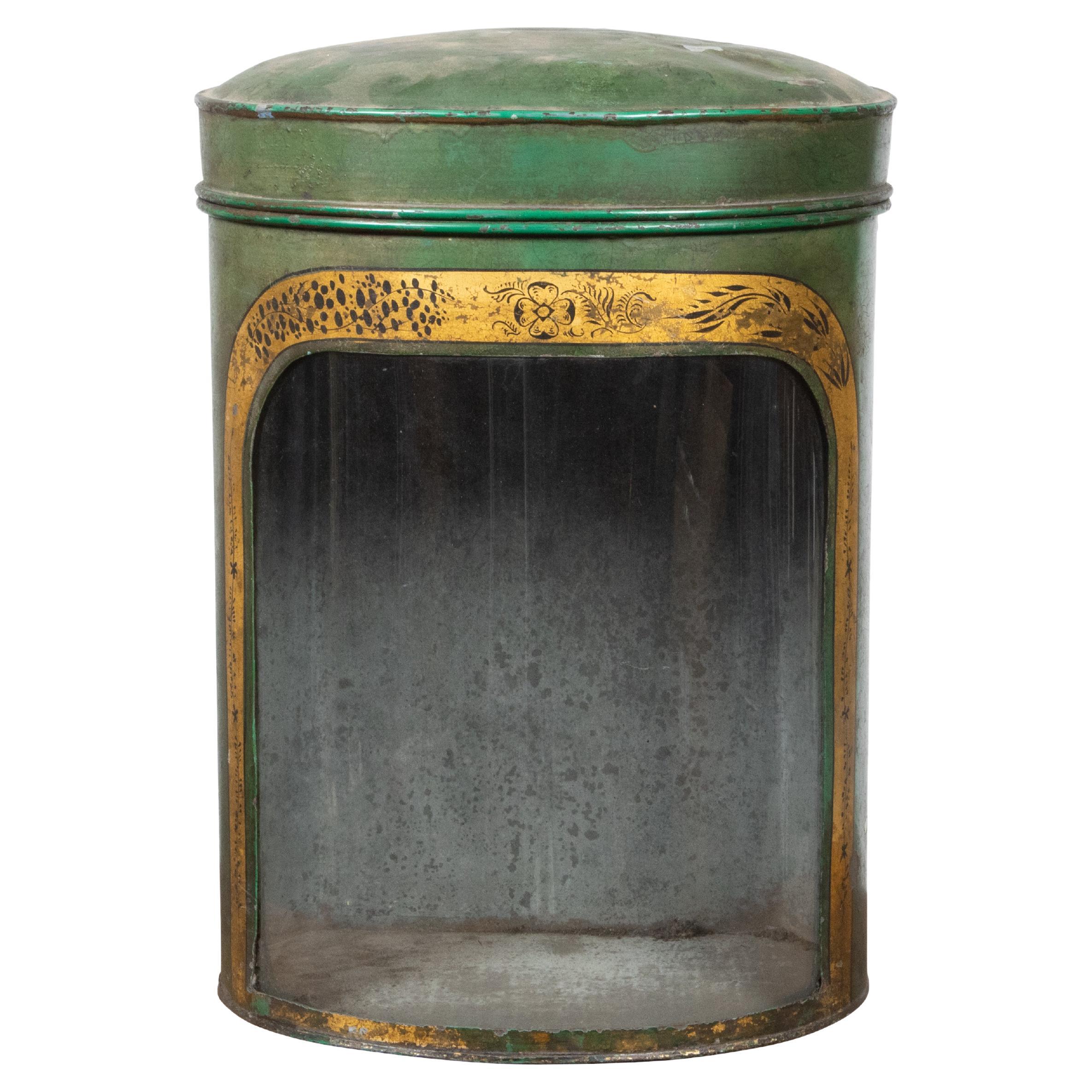Boîte à thé anglaise du 19ème siècle Parnall & Sons peinte en vert avec façade en verre