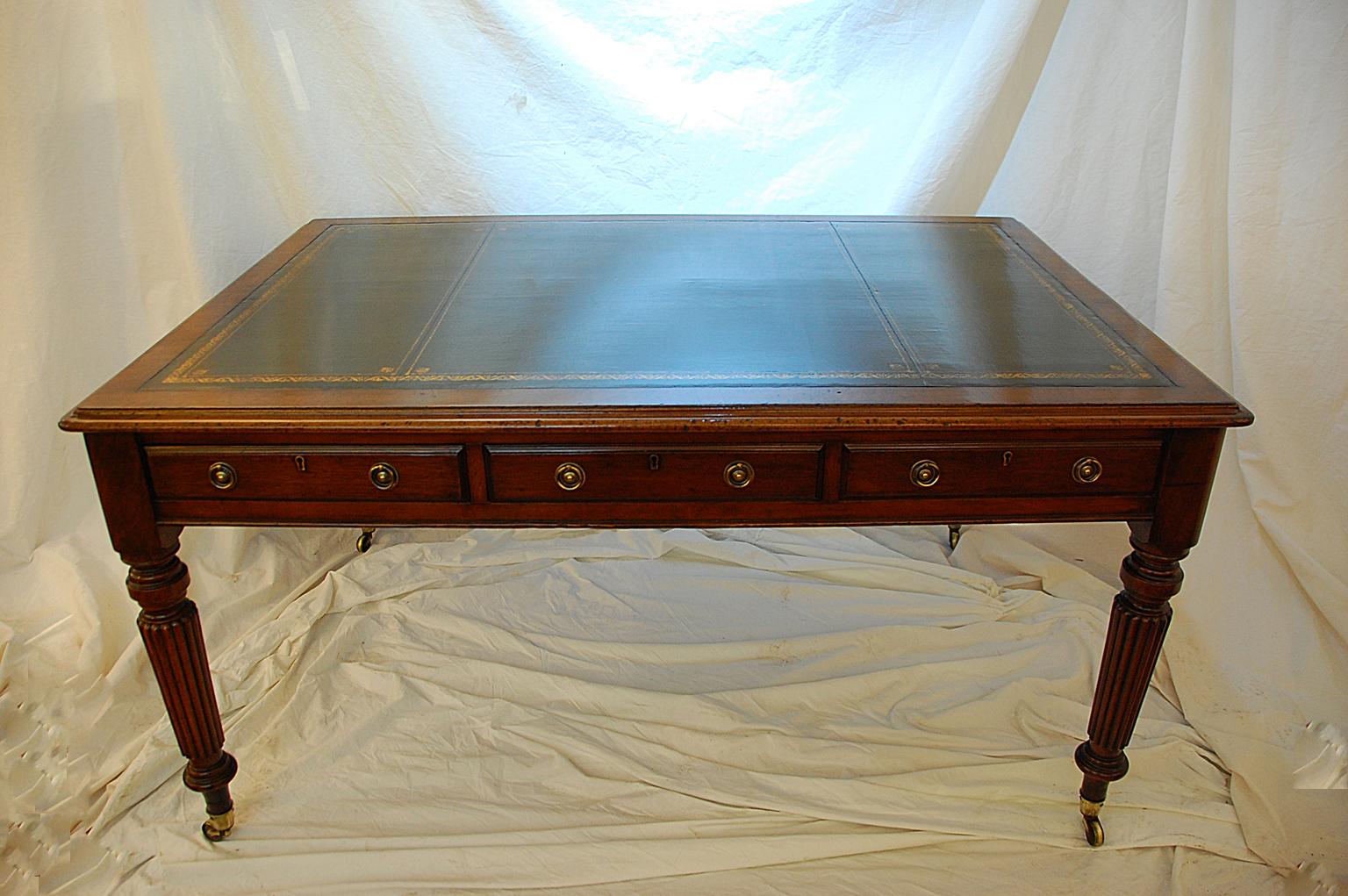 Victorian English 19th Century Partners Mahogany Writing Table Reeded Legs, Leathered Top