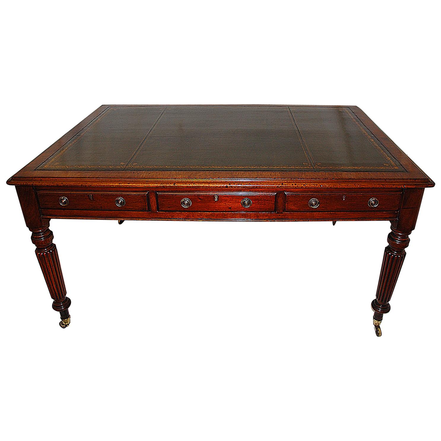 English 19th Century Partners Mahogany Writing Table Reeded Legs, Leathered Top