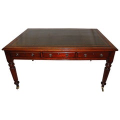 Antique English 19th Century Partners Mahogany Writing Table Reeded Legs, Leathered Top