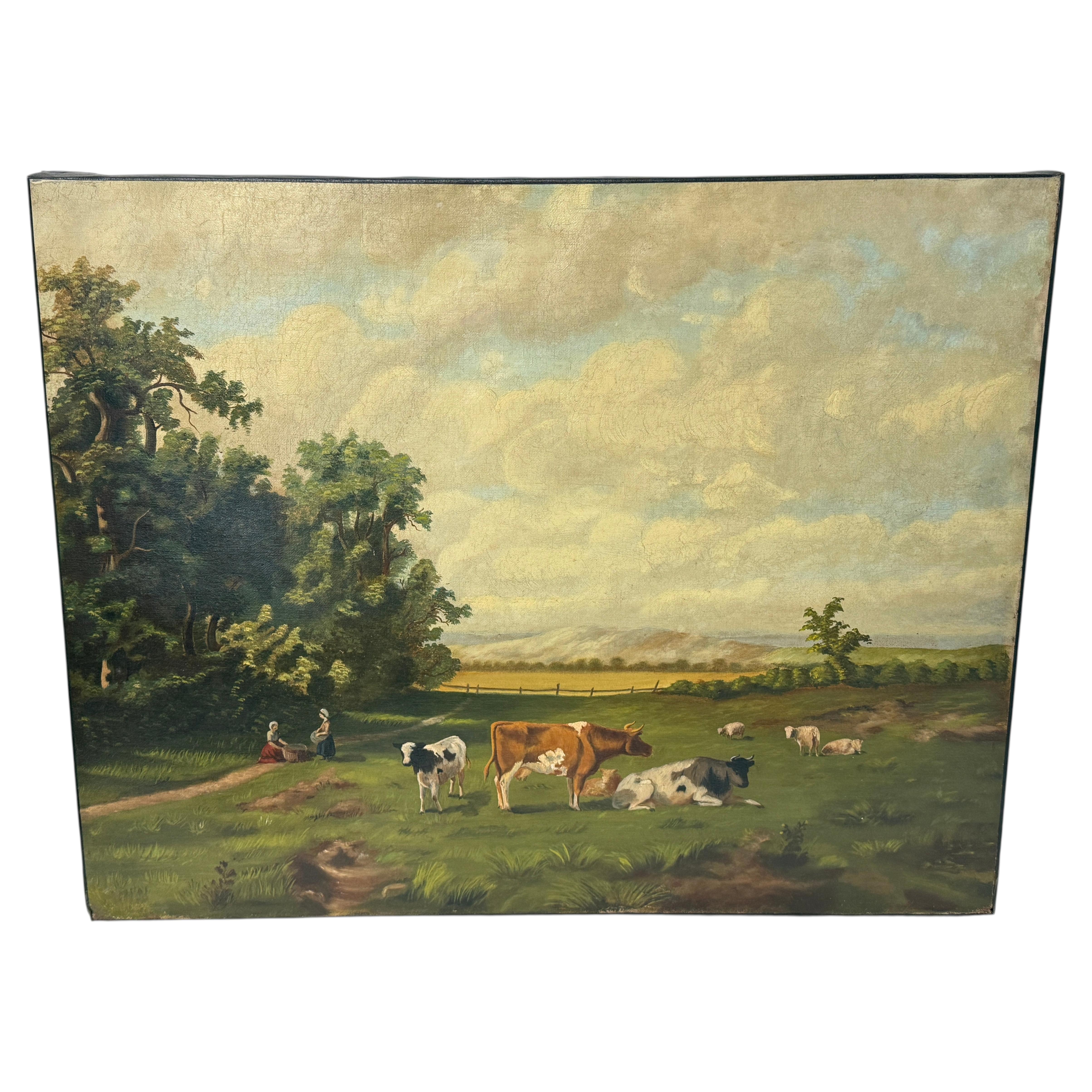 English 19th Century Pastoral Landscape with Cattle & Sheep Grazing