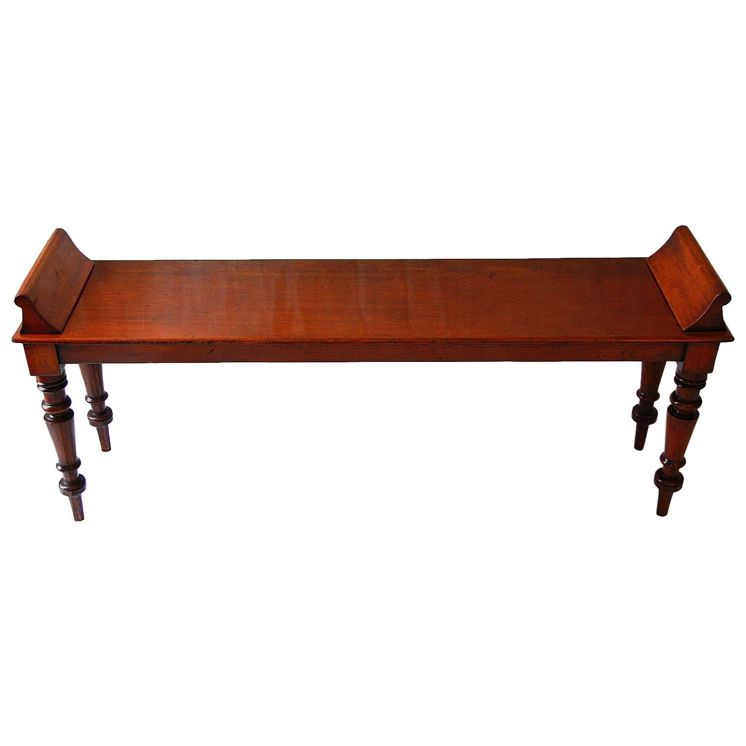 English 19th Century Period Mahogany Hall Bench with Up Swept Ends