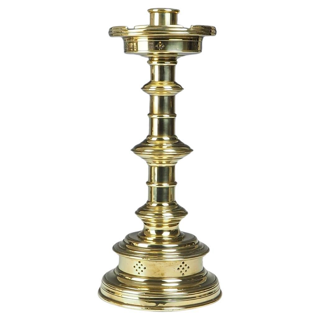 English 19th Century Pierced Brass Castellated Candle Holder For Sale