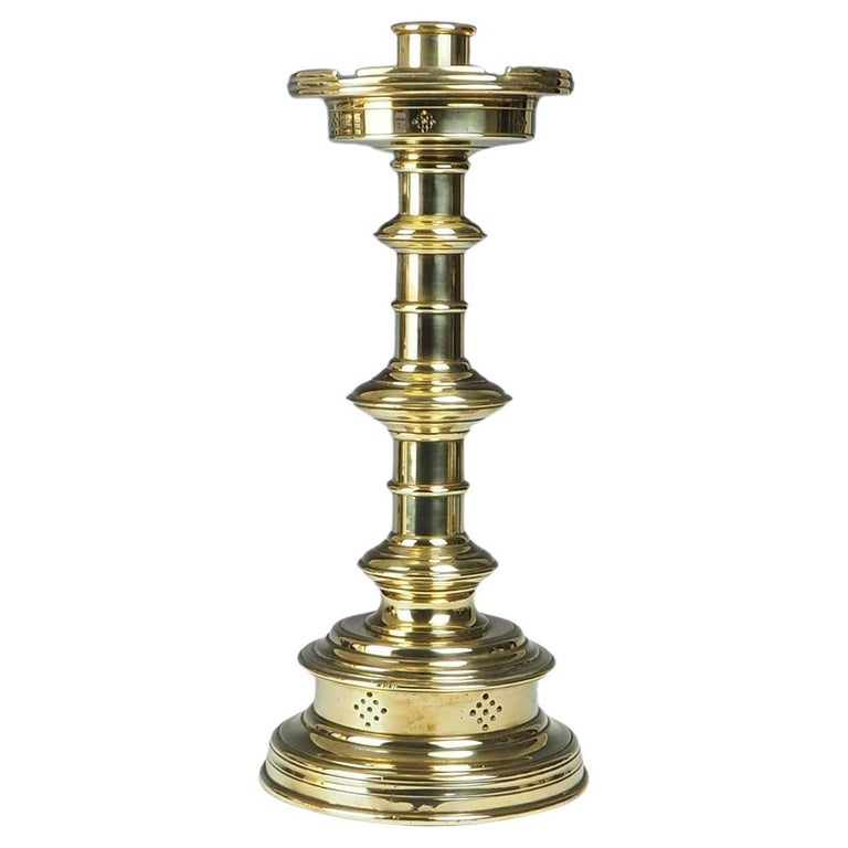English 19th Century Pierced Brass Castellated Candle Holder For