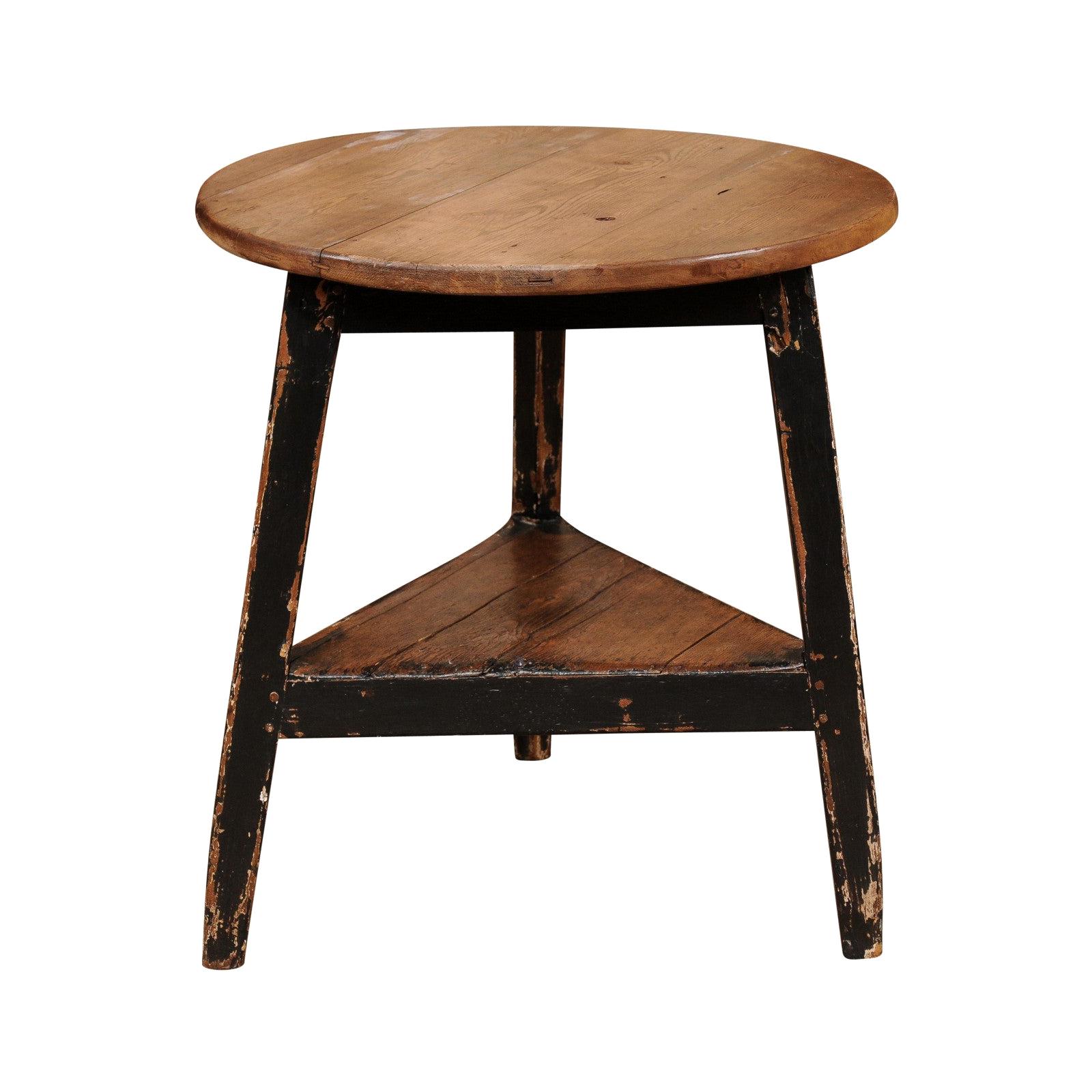English 19th Century Pine and Black Painted Round Cricket Table