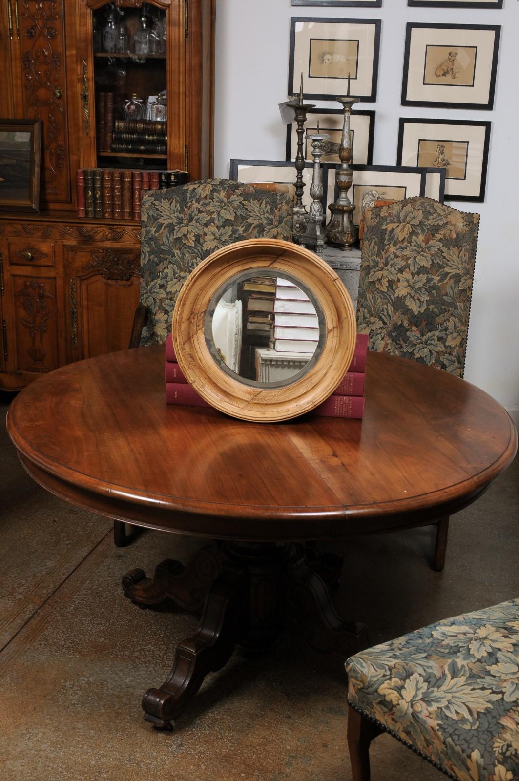 English 19th Century Pine Bullseye Mirror with Natural Patina and Beveled Glass In Good Condition In Atlanta, GA