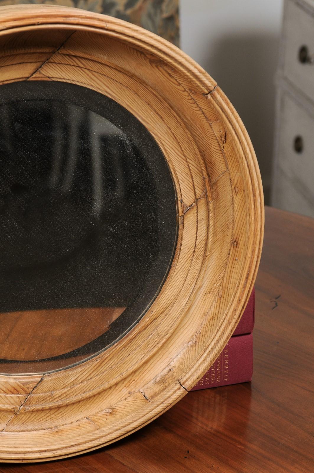 English 19th Century Pine Bullseye Mirror with Natural Patina and Beveled Glass 2