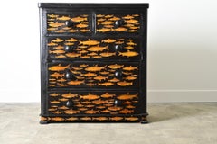 English 19th Century Pine Chest with New Paint & Decoupage