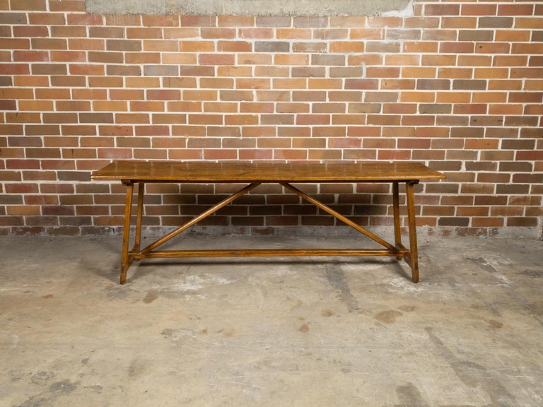 English 19th Century Pine Console Table with Rustic Top and Trestle