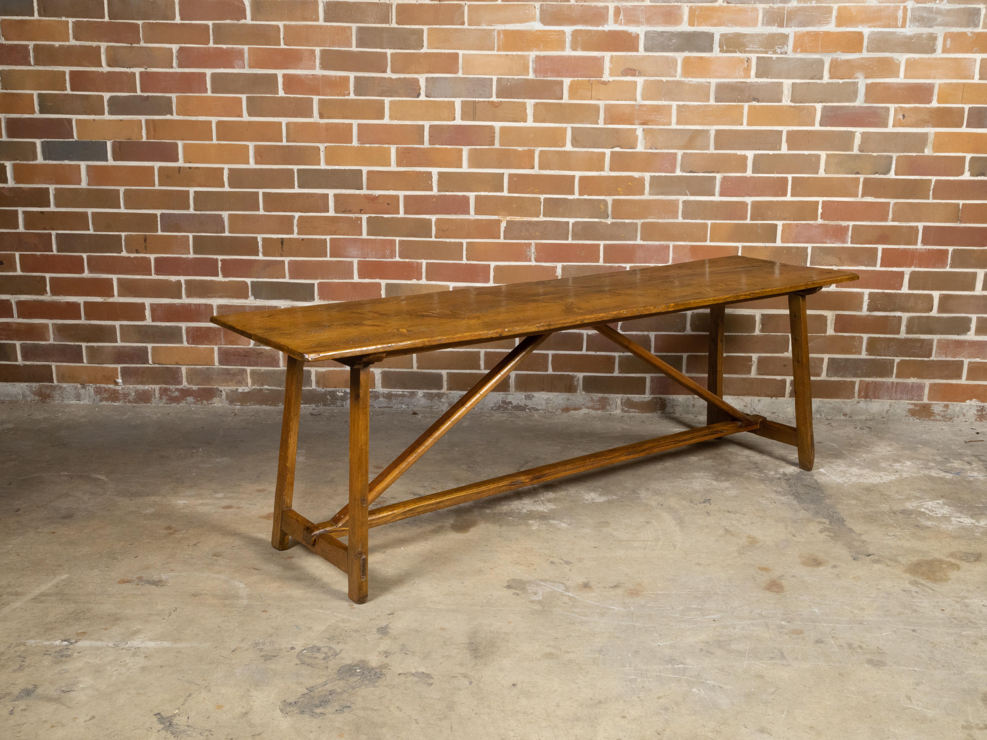 English 19th Century Pine Console Table with Rustic Top and Trestle Base 1