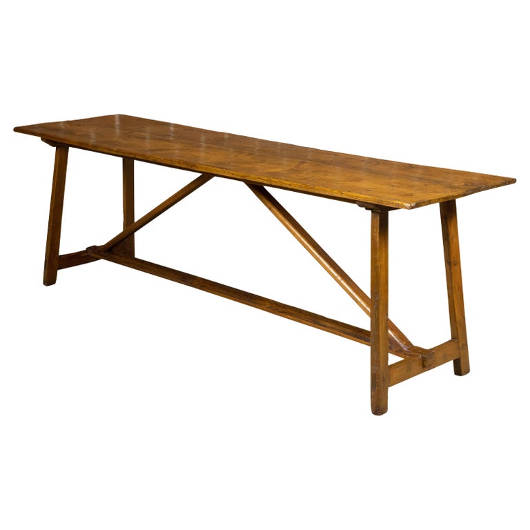 English 19th Century Pine Console Table with Rustic Top and Trestle