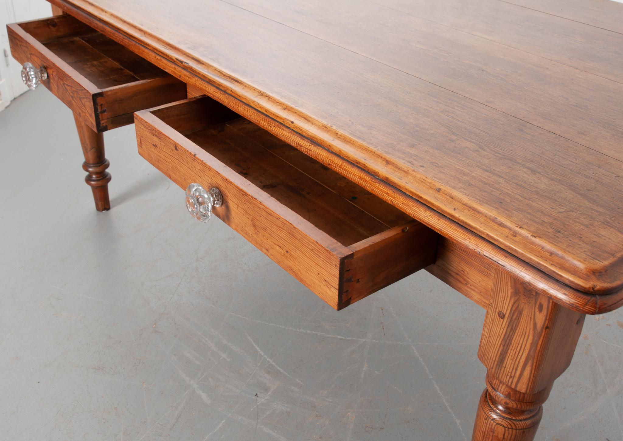 Turned English 19th Century Pine Farmhouse Table with Drawers