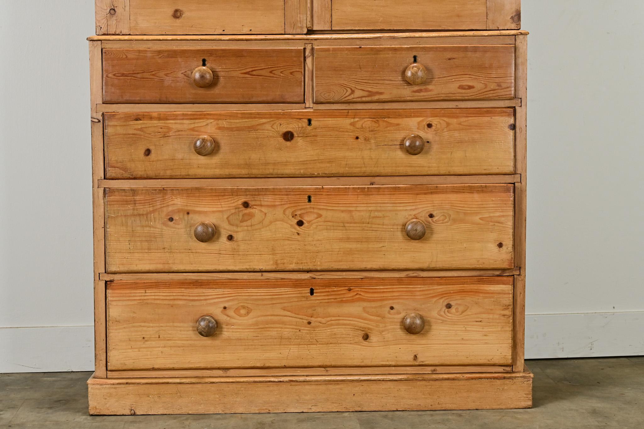 Hand-Carved English 19th Century Pine Linen Press
