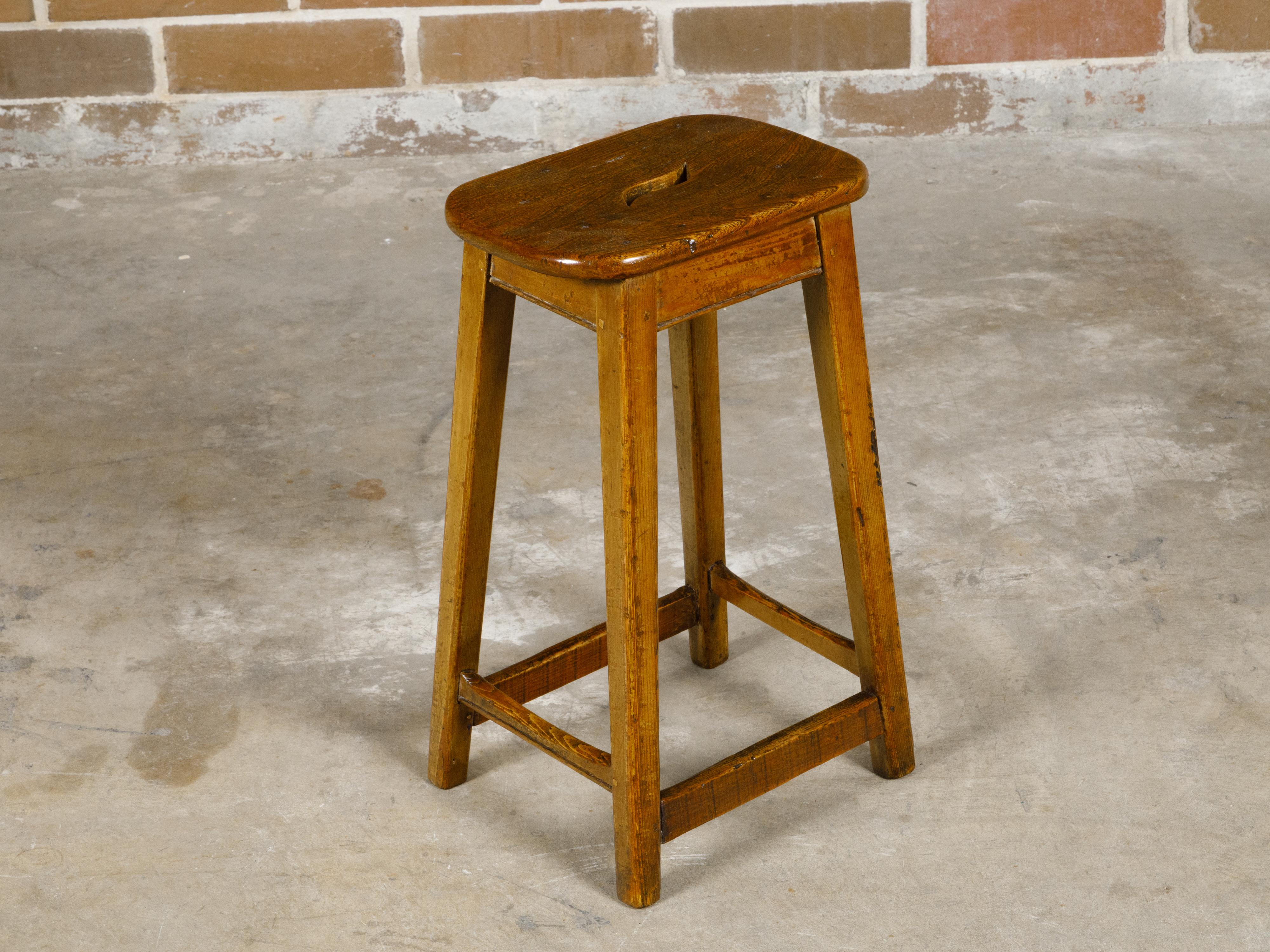 English 19th Century Pine Stool with Stretchers and Rustic Character For Sale 7