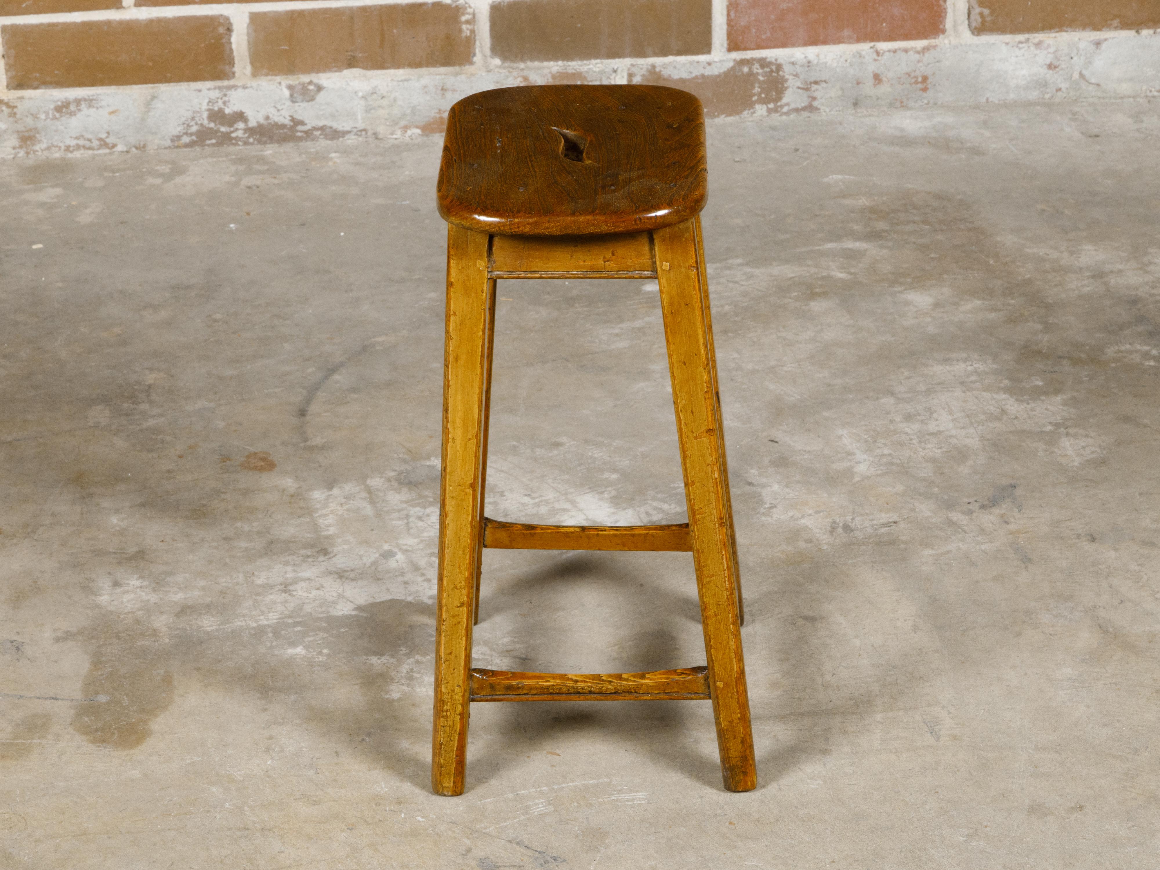 English 19th Century Pine Stool with Stretchers and Rustic Character For Sale 8