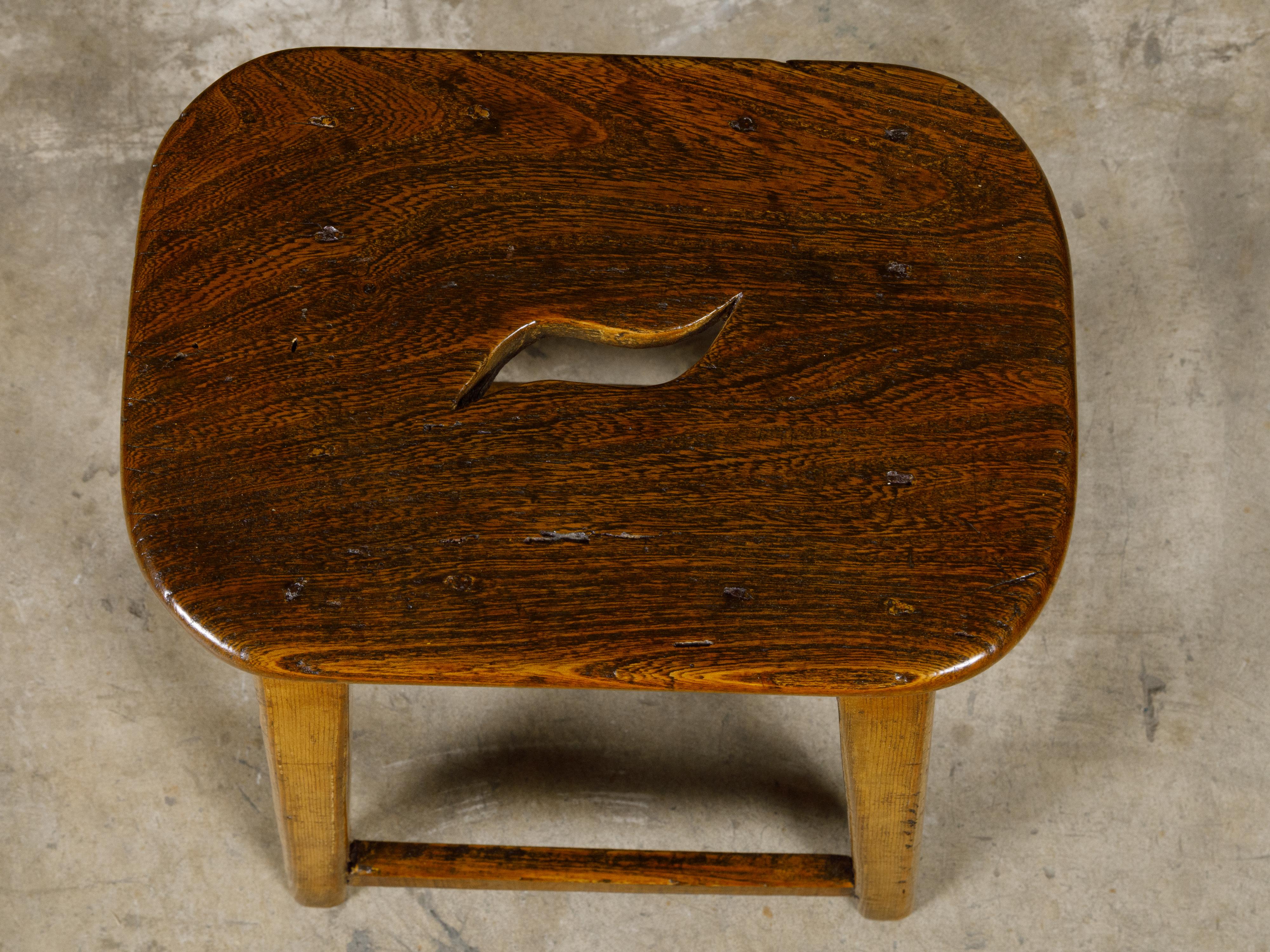 English 19th Century Pine Stool with Stretchers and Rustic Character In Good Condition For Sale In Atlanta, GA